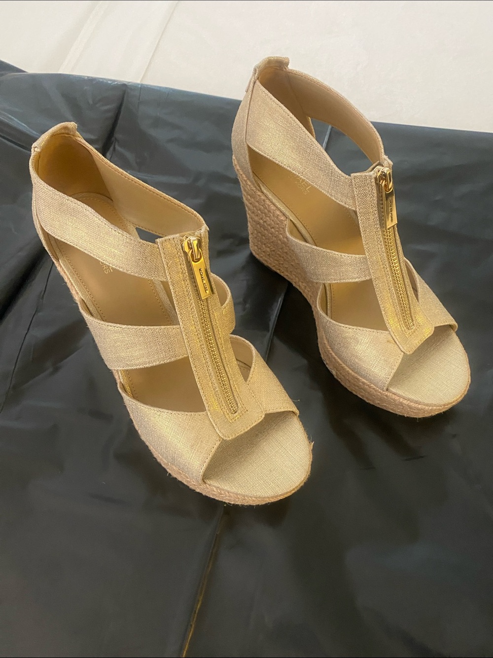 Michael Kors Gold Metallic Espadrille Wedge Sandals with Front Zip
